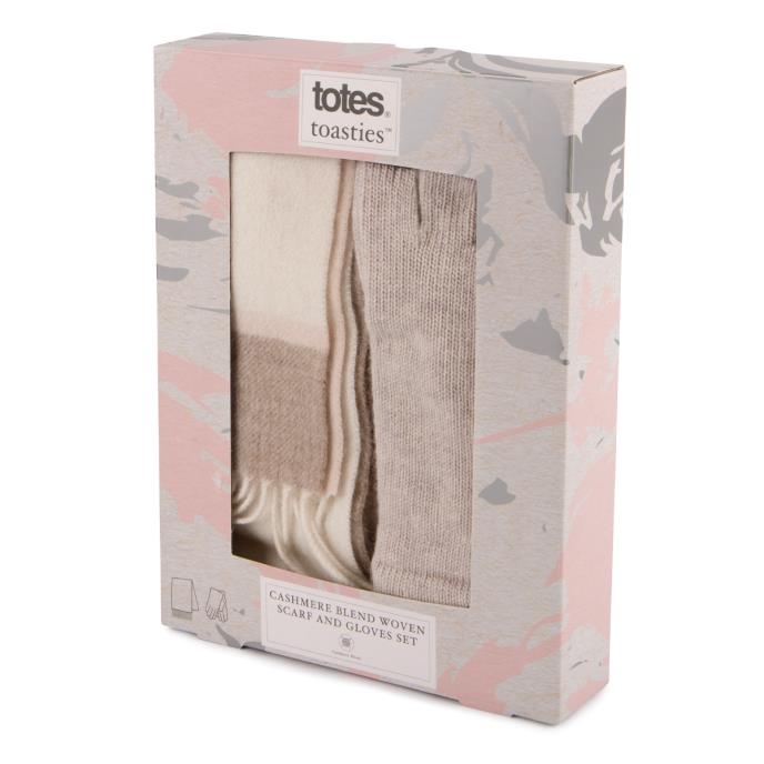 totes toasties® Ladies Cashmere Blend Woven Scarf and Glove Gift Set Oat Extra Image 1
